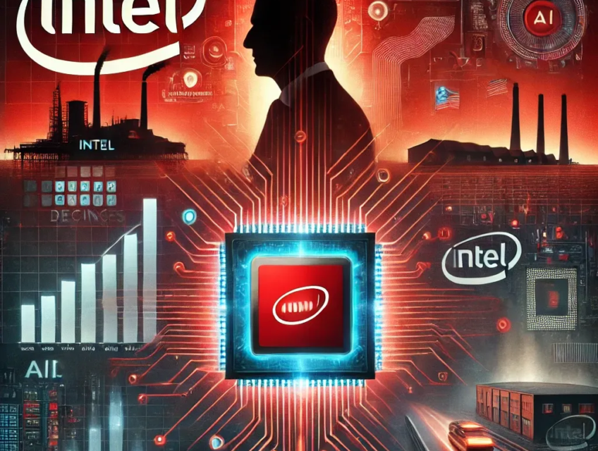 A digital artwork featuring a bold red color scheme, a semiconductor chip at the center, and elements symbolizing Intel's leadership transition and challenges, including a departing CEO silhouette, declining data graphs, and AI chip symbols.