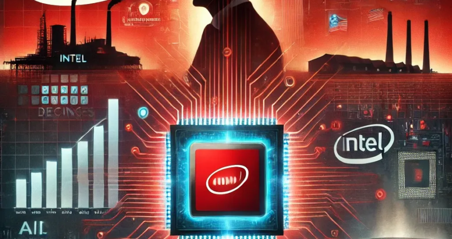 A digital artwork featuring a bold red color scheme, a semiconductor chip at the center, and elements symbolizing Intel's leadership transition and challenges, including a departing CEO silhouette, declining data graphs, and AI chip symbols.