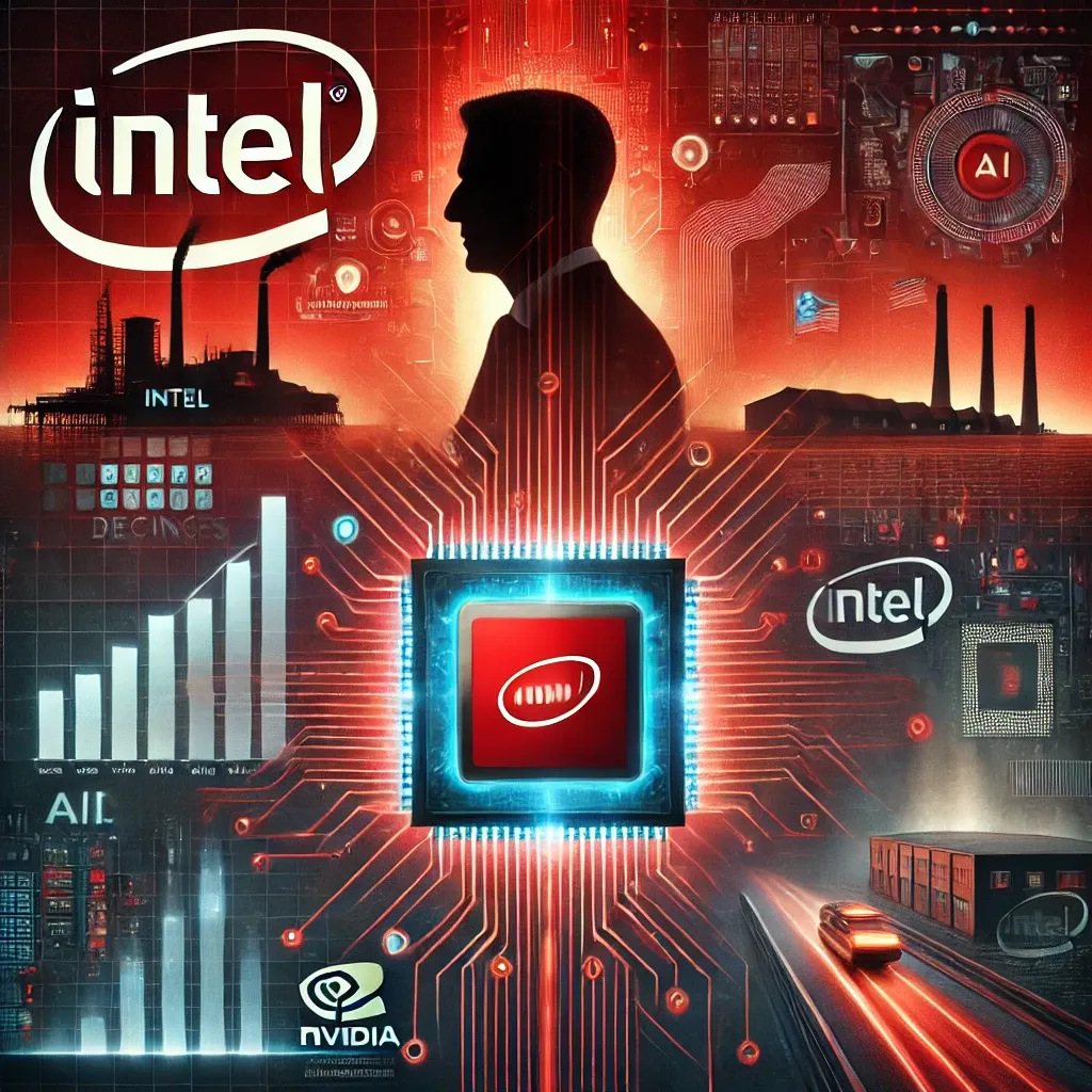 A digital artwork featuring a bold red color scheme, a semiconductor chip at the center, and elements symbolizing Intel's leadership transition and challenges, including a departing CEO silhouette, declining data graphs, and AI chip symbols.