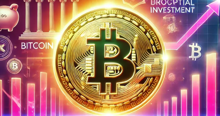 A vibrant digital artwork featuring a glowing Bitcoin coin with pink as the dominant color, surrounded by financial graphs, institutional investment symbols, and government imagery symbolizing pro-crypto policies.