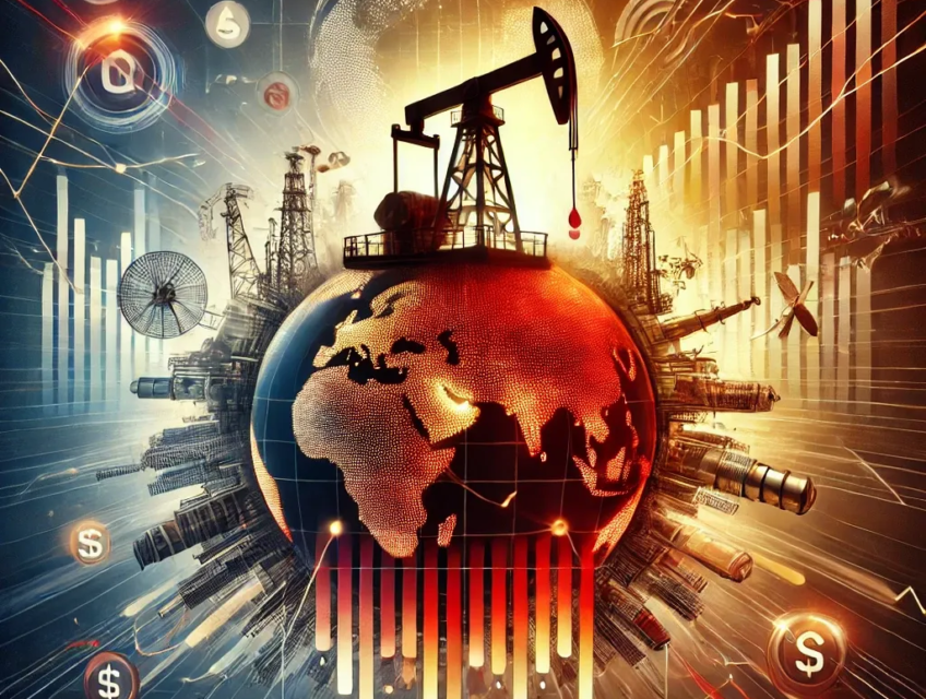 A digital artwork showcasing an oil rig at the center with a red and gold gradient symbolizing energy tension, surrounded by contrasting scenes of economic challenges and benefits for oil-exporting and importing nations.
