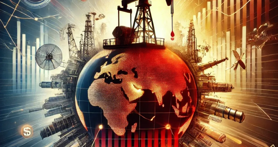 A digital artwork showcasing an oil rig at the center with a red and gold gradient symbolizing energy tension, surrounded by contrasting scenes of economic challenges and benefits for oil-exporting and importing nations.