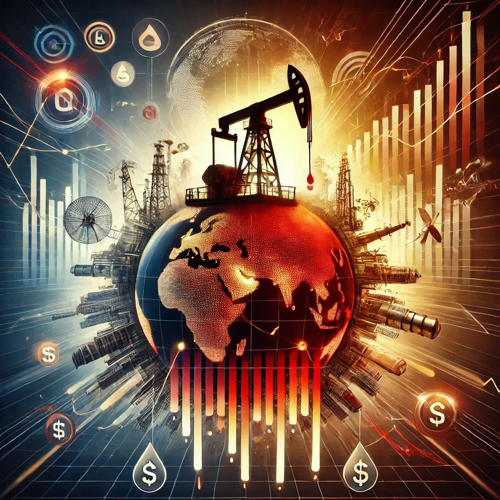 A digital artwork showcasing an oil rig at the center with a red and gold gradient symbolizing energy tension, surrounded by contrasting scenes of economic challenges and benefits for oil-exporting and importing nations.