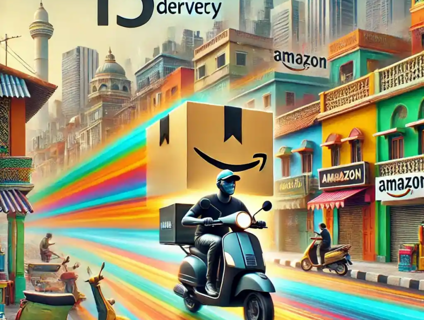 A digital artwork showcasing Amazon's 15-minute delivery service in Bangalore, India. It features a delivery person on a scooter holding an Amazon-branded package, zooming through a colorful urban neighborhood with a mix of traditional Indian and modern cityscape elements.