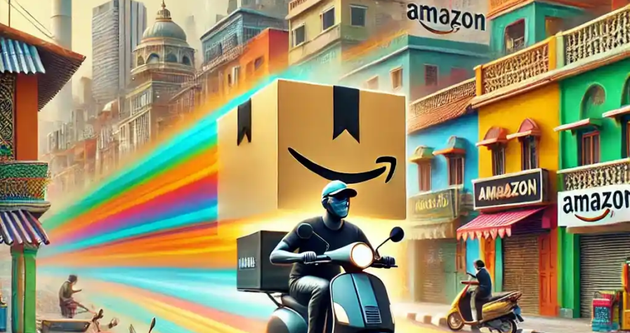 A digital artwork showcasing Amazon's 15-minute delivery service in Bangalore, India. It features a delivery person on a scooter holding an Amazon-branded package, zooming through a colorful urban neighborhood with a mix of traditional Indian and modern cityscape elements.