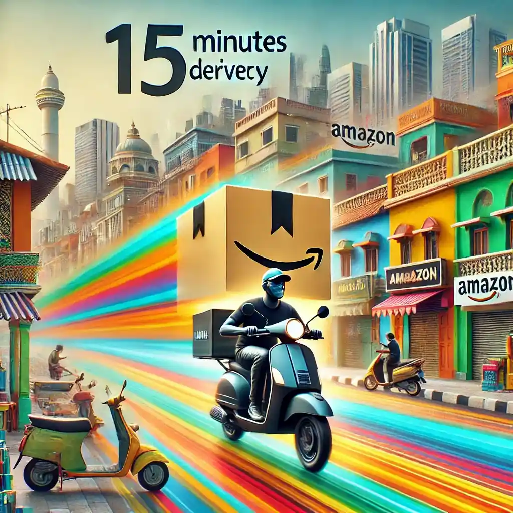 A digital artwork showcasing Amazon's 15-minute delivery service in Bangalore, India. It features a delivery person on a scooter holding an Amazon-branded package, zooming through a colorful urban neighborhood with a mix of traditional Indian and modern cityscape elements.