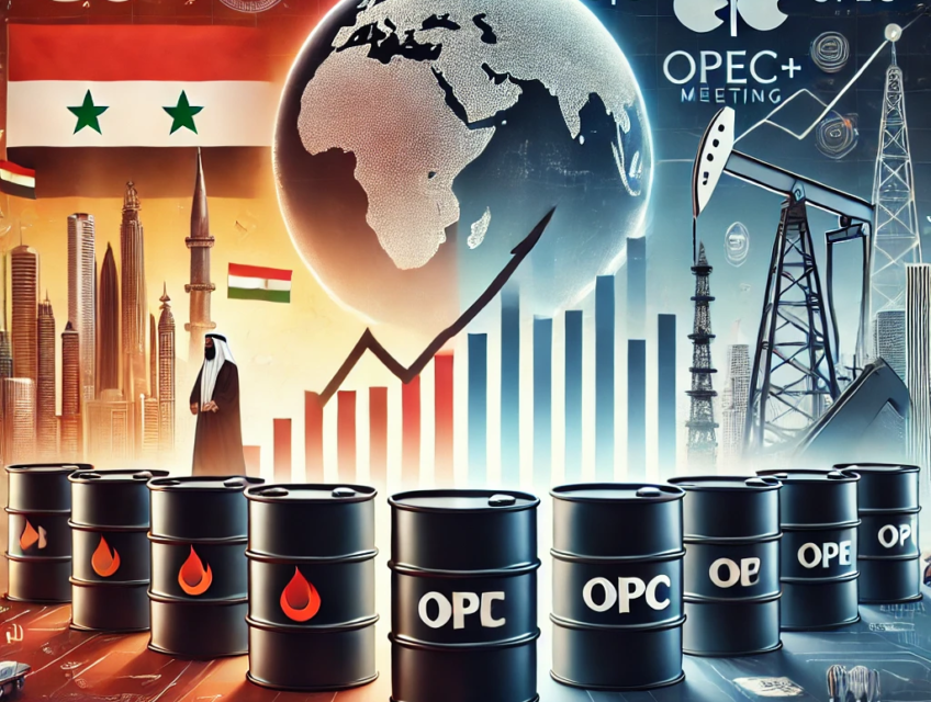 Oil barrels with a market graph, Middle Eastern landmarks, and oil rigs depicting cease-fire talks and OPEC+ production dynamics.