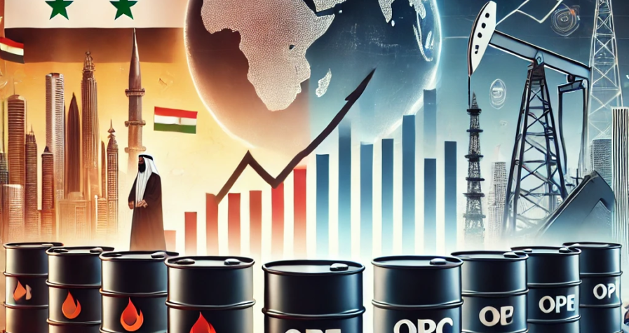Oil barrels with a market graph, Middle Eastern landmarks, and oil rigs depicting cease-fire talks and OPEC+ production dynamics.