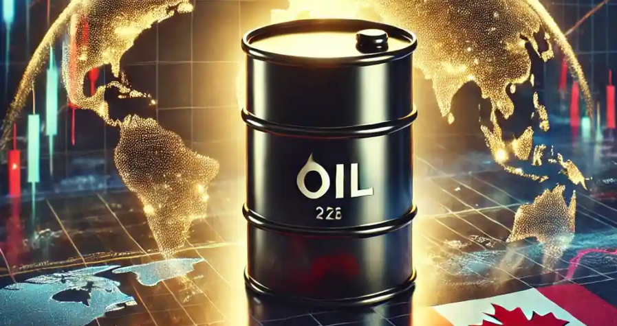 Illustration réaliste du marché pétrolier en 2025, avec un baril de pétrole, des graphiques financiers, et des éléments géopolitiques en arrière-plan.