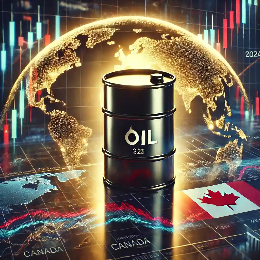 Illustration réaliste du marché pétrolier en 2025, avec un baril de pétrole, des graphiques financiers, et des éléments géopolitiques en arrière-plan.