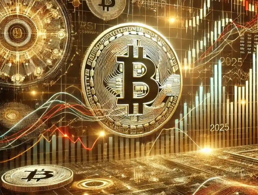 Illustration réaliste montrant la baisse du Bitcoin en décembre 2024, avec graphiques de tendances, indicateurs techniques, et éléments financiers en arrière-plan.