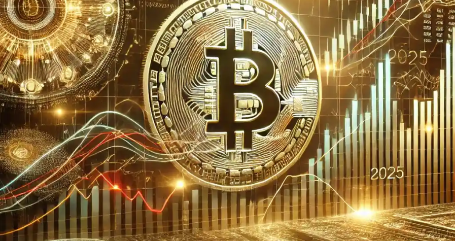 Illustration réaliste montrant la baisse du Bitcoin en décembre 2024, avec graphiques de tendances, indicateurs techniques, et éléments financiers en arrière-plan.