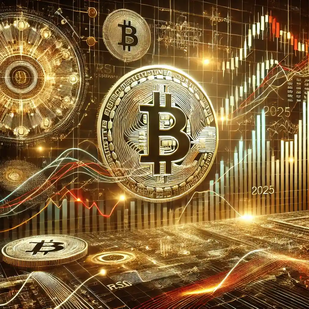 Illustration réaliste montrant la baisse du Bitcoin en décembre 2024, avec graphiques de tendances, indicateurs techniques, et éléments financiers en arrière-plan.