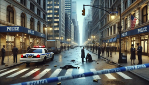 Illustration ultra-réaliste d'une scène de crime à Manhattan, avec des enquêteurs et une rue urbaine bouclée par des rubans de police."