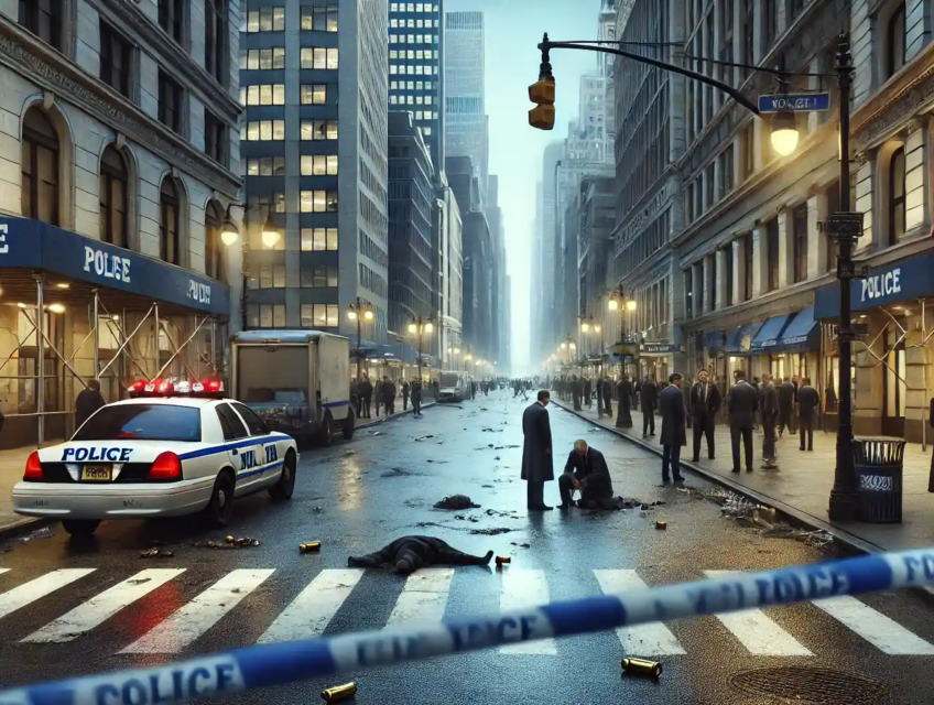 Illustration ultra-réaliste d'une scène de crime à Manhattan, avec des enquêteurs et une rue urbaine bouclée par des rubans de police."