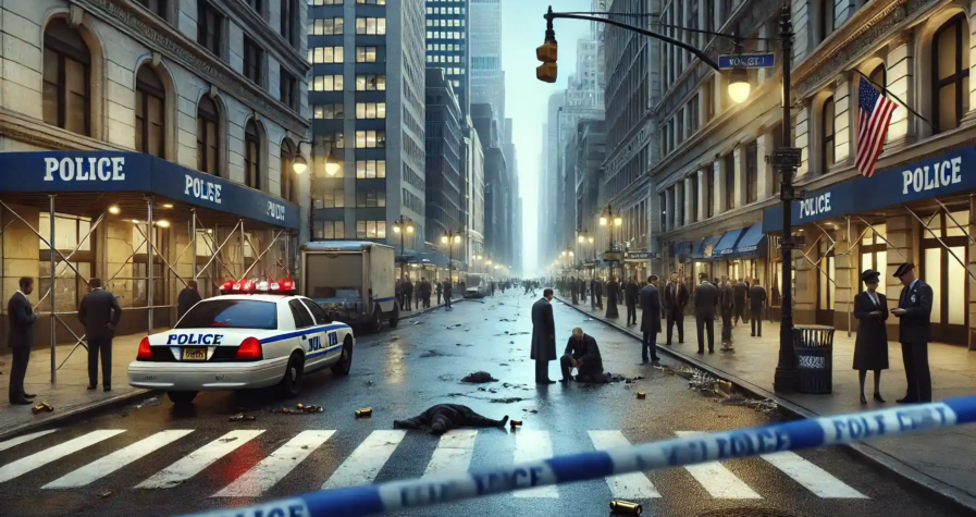 Illustration ultra-réaliste d'une scène de crime à Manhattan, avec des enquêteurs et une rue urbaine bouclée par des rubans de police."