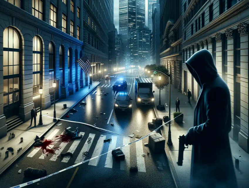 Illustration réaliste représentant l'assassinat choquant du PDG d'UnitedHealthcare à Manhattan, avec une atmosphère sombre et des éléments de scène de crime.