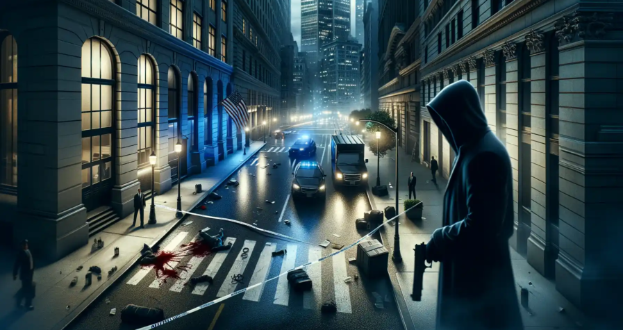 Illustration réaliste représentant l'assassinat choquant du PDG d'UnitedHealthcare à Manhattan, avec une atmosphère sombre et des éléments de scène de crime.