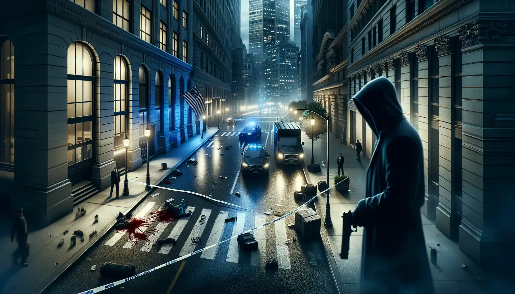 Illustration réaliste représentant l'assassinat choquant du PDG d'UnitedHealthcare à Manhattan, avec une atmosphère sombre et des éléments de scène de crime.