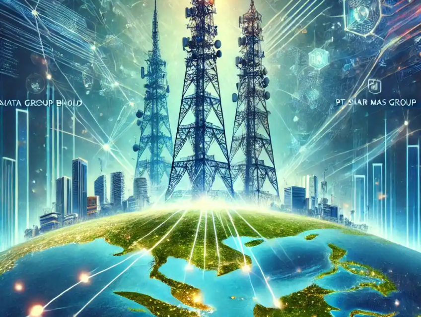 Digital artwork illustrating the merger of Axiata Group and PT Sinar Mas Group, featuring two telecom towers merging into one with a digital network overlay and a Southeast Asian map in the background.