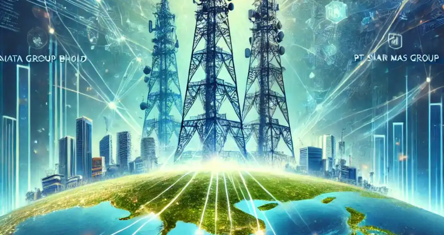 Digital artwork illustrating the merger of Axiata Group and PT Sinar Mas Group, featuring two telecom towers merging into one with a digital network overlay and a Southeast Asian map in the background.
