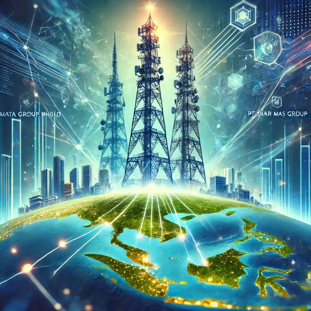 Digital artwork illustrating the merger of Axiata Group and PT Sinar Mas Group, featuring two telecom towers merging into one with a digital network overlay and a Southeast Asian map in the background.