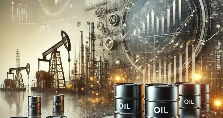 Représentation réaliste des fluctuations des stocks de pétrole brut avec des barils et des graphiques symbolisant le marché énergétique mondial.