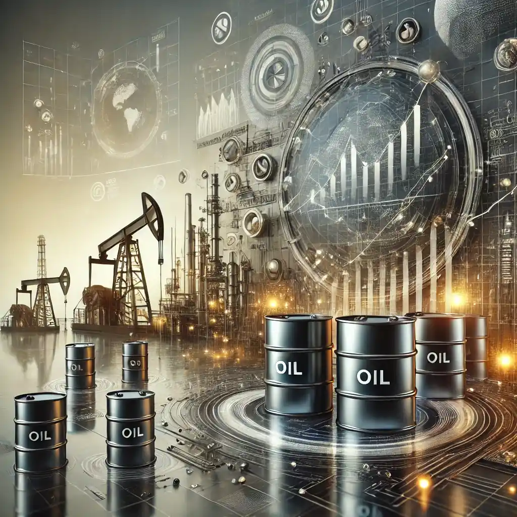 Représentation réaliste des fluctuations des stocks de pétrole brut avec des barils et des graphiques symbolisant le marché énergétique mondial.