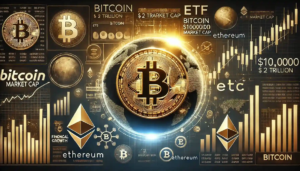 Illustration numérique montrant le Bitcoin atteignant 100 000 $ et une capitalisation boursière de 2 000 milliards $.