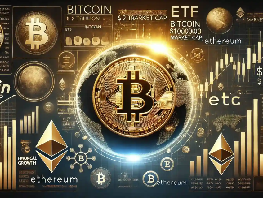 Illustration numérique montrant le Bitcoin atteignant 100 000 $ et une capitalisation boursière de 2 000 milliards $.