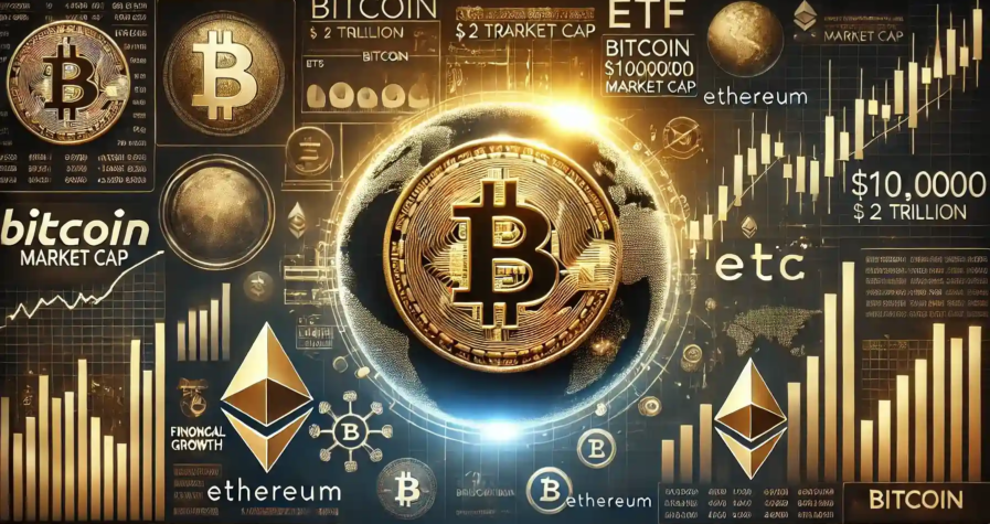 Illustration numérique montrant le Bitcoin atteignant 100 000 $ et une capitalisation boursière de 2 000 milliards $.