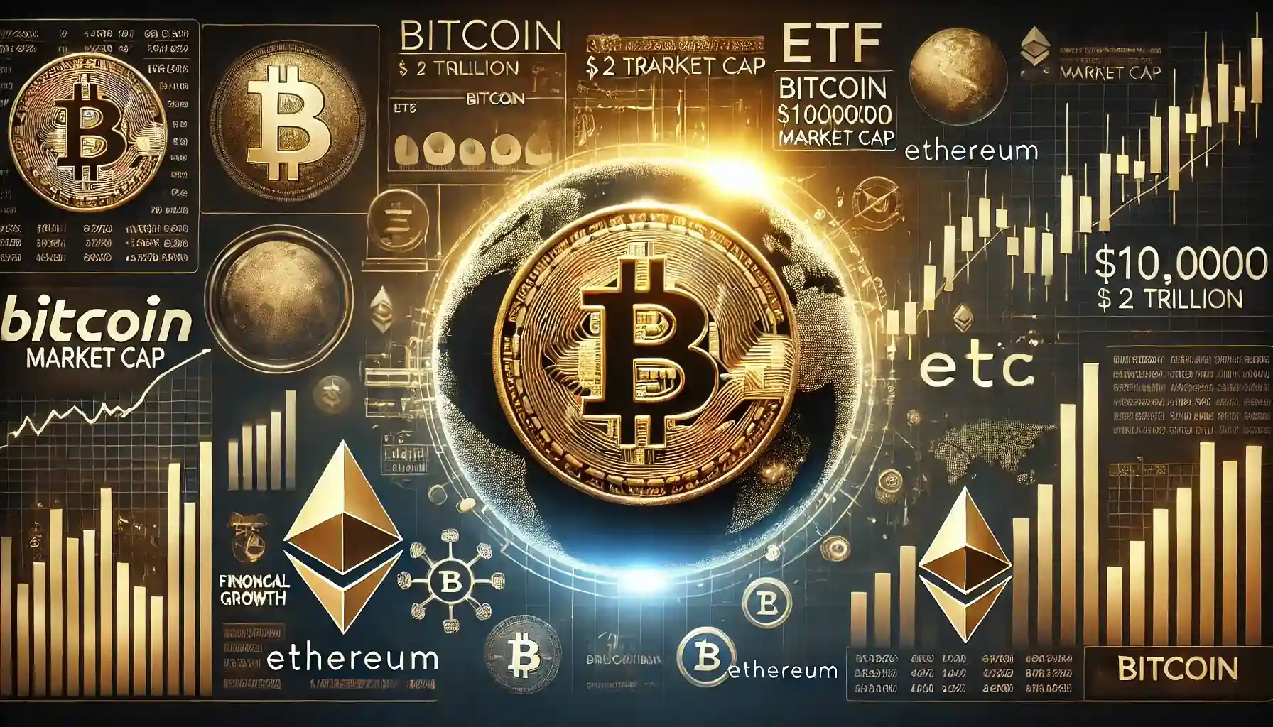 Illustration numérique montrant le Bitcoin atteignant 100 000 $ et une capitalisation boursière de 2 000 milliards $.