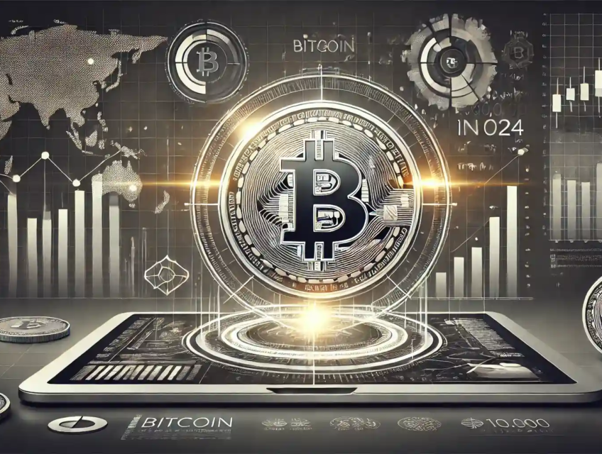 Illustration numérique élégante montrant le Bitcoin atteignant 100 000 $, avec un thème en nuances de gris et des graphiques financiers.