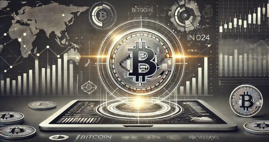 Illustration numérique élégante montrant le Bitcoin atteignant 100 000 $, avec un thème en nuances de gris et des graphiques financiers.