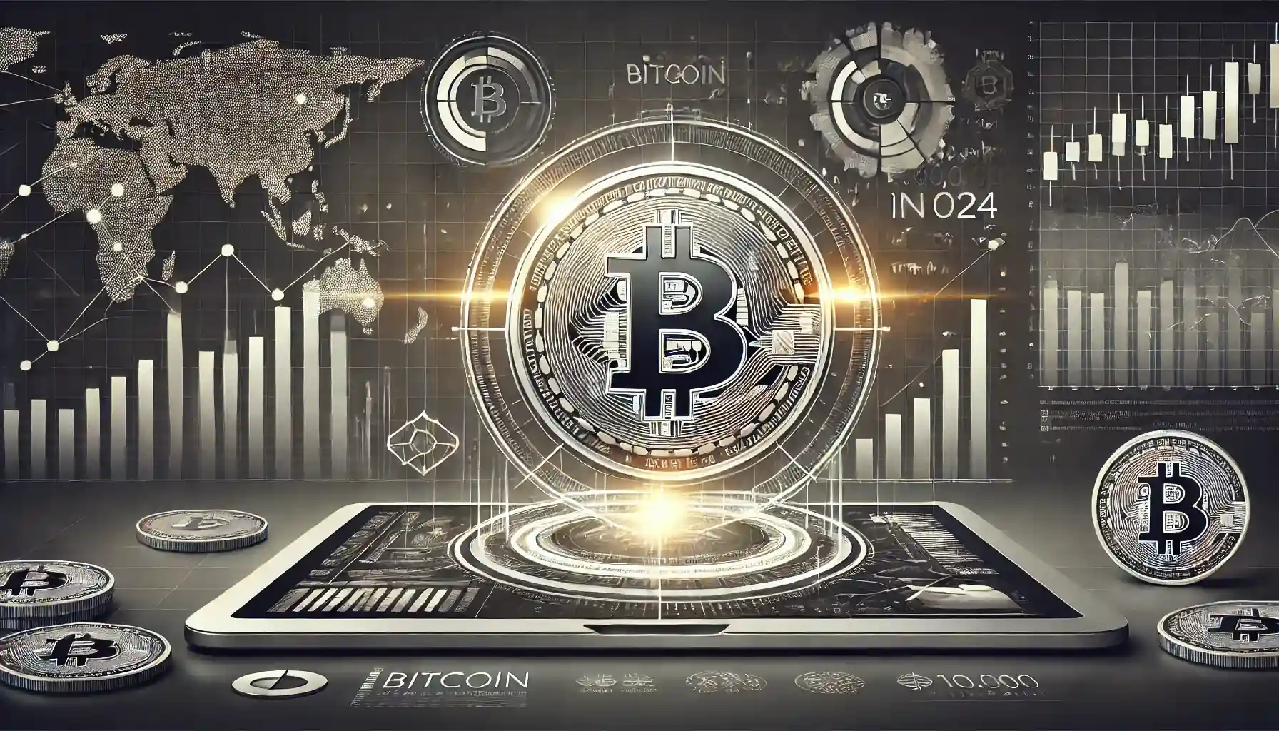 Illustration numérique élégante montrant le Bitcoin atteignant 100 000 $, avec un thème en nuances de gris et des graphiques financiers.