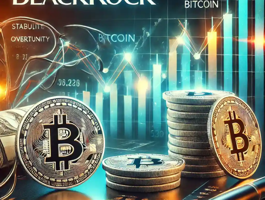 A professional digital artwork illustrating the integration of Bitcoin within traditional finance, featuring Bitcoin symbols alongside financial graphs and the BlackRock logo.