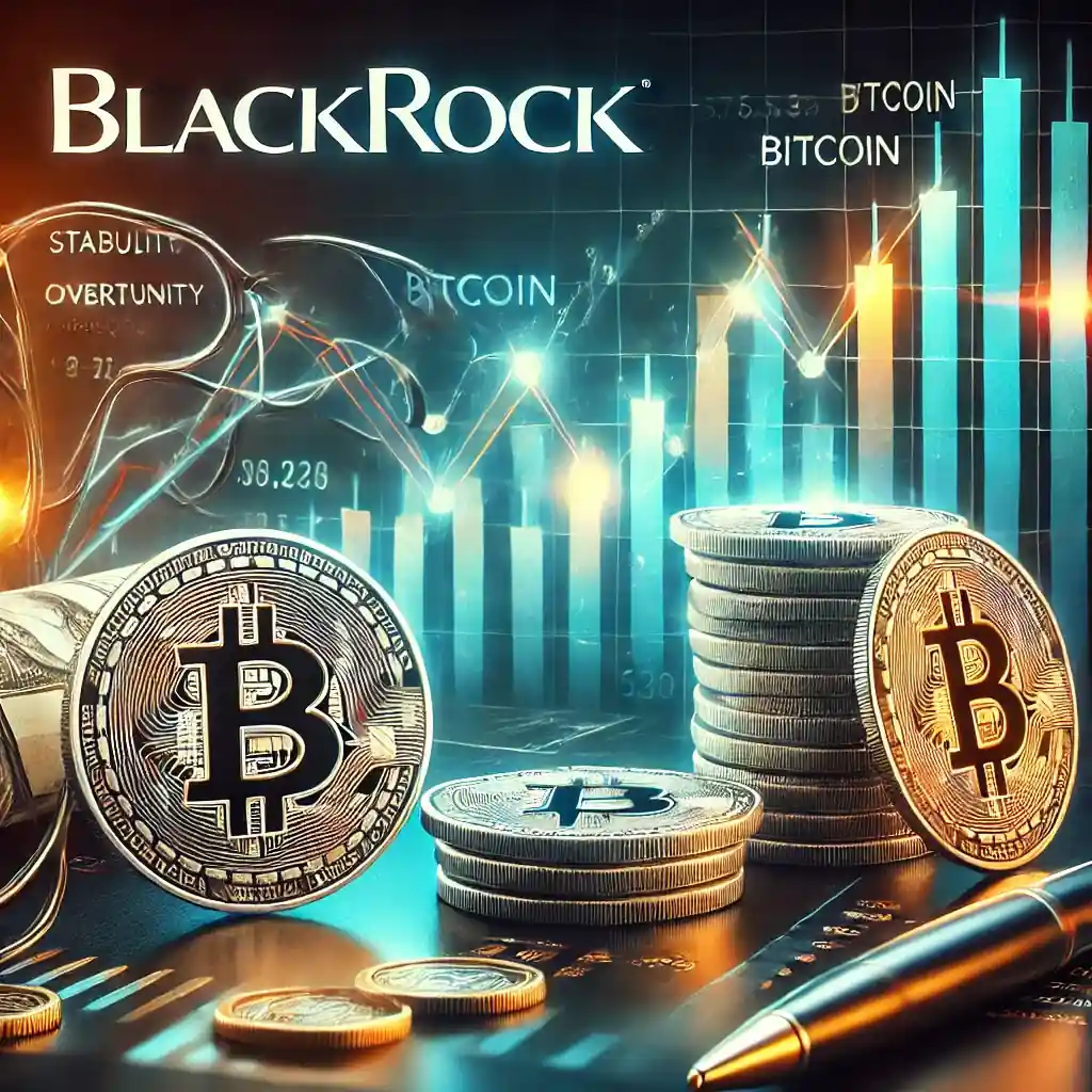 A professional digital artwork illustrating the integration of Bitcoin within traditional finance, featuring Bitcoin symbols alongside financial graphs and the BlackRock logo.