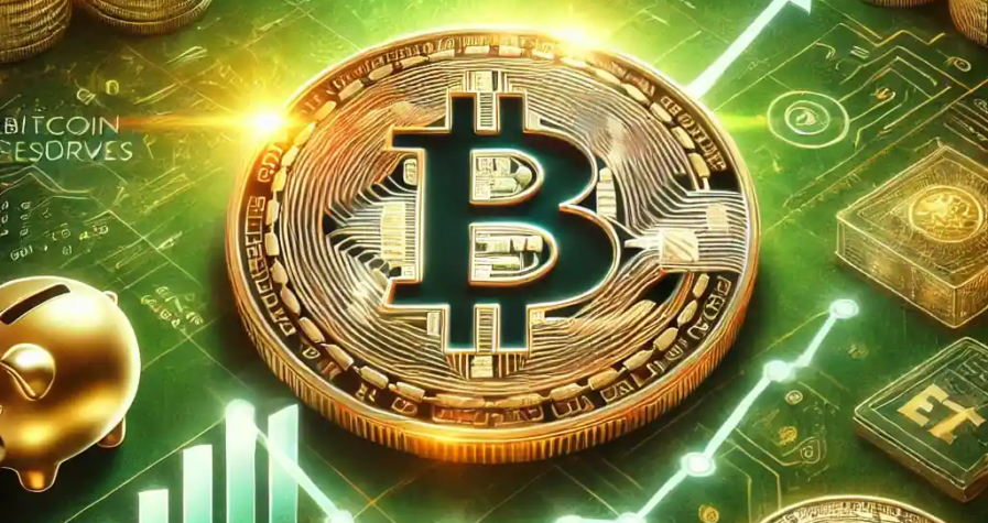 A digital artwork depicting a glowing Bitcoin coin on a green background, surrounded by symbols of declining exchange reserves, digital wallets, and institutional investments, reflecting Bitcoin's transition to a store of value.