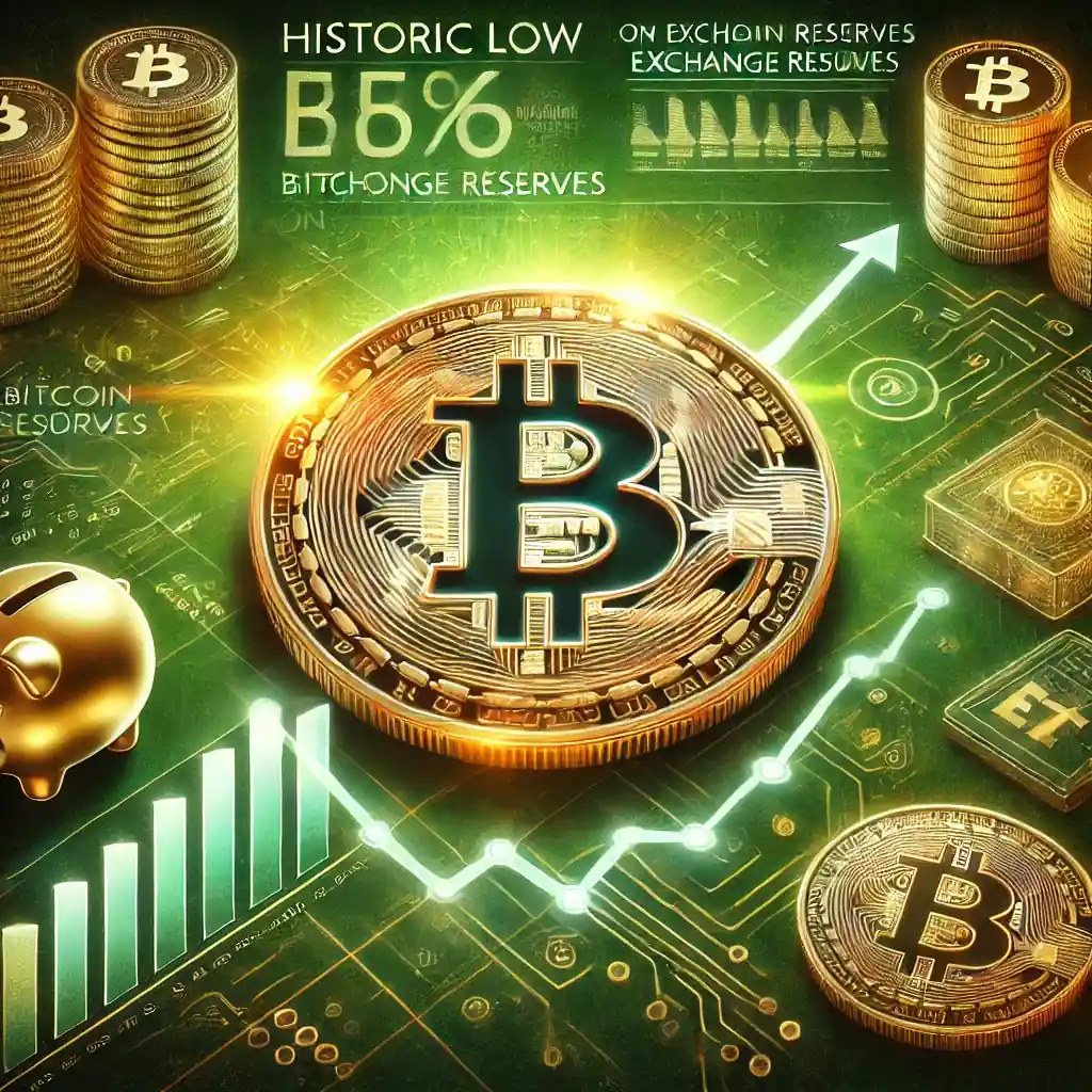 A digital artwork depicting a glowing Bitcoin coin on a green background, surrounded by symbols of declining exchange reserves, digital wallets, and institutional investments, reflecting Bitcoin's transition to a store of value.
