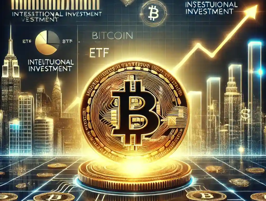 A digital artwork celebrating Bitcoin’s achievement of reaching $100,000, featuring a glowing Bitcoin coin, upward financial graphs, ETF symbols, and a futuristic city skyline.