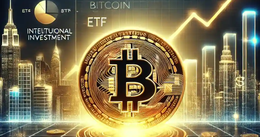 A digital artwork celebrating Bitcoin’s achievement of reaching $100,000, featuring a glowing Bitcoin coin, upward financial graphs, ETF symbols, and a futuristic city skyline.