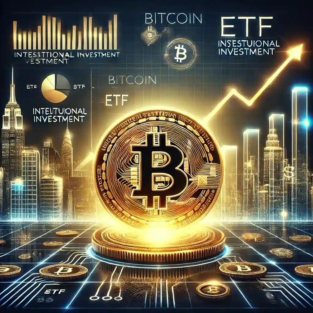 A digital artwork celebrating Bitcoin’s achievement of reaching $100,000, featuring a glowing Bitcoin coin, upward financial graphs, ETF symbols, and a futuristic city skyline.