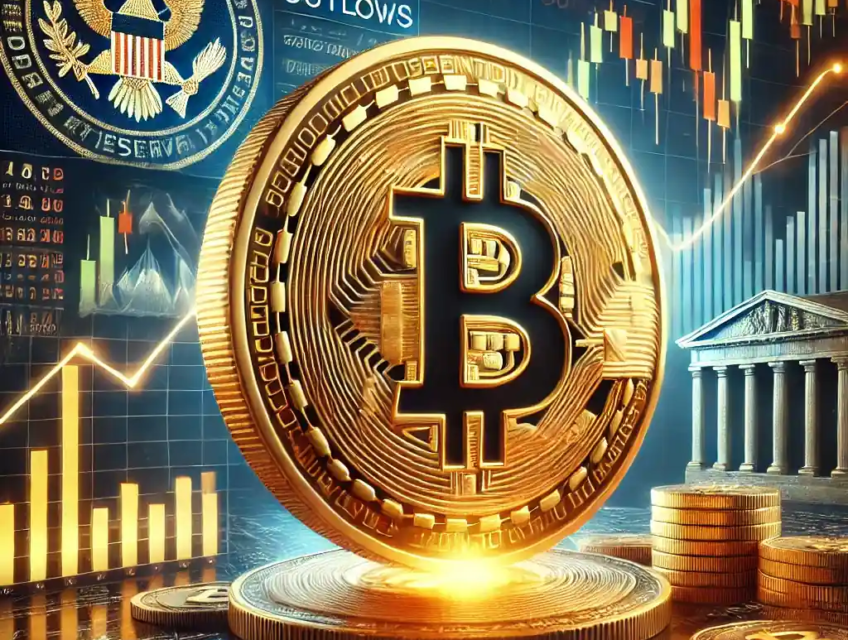 A golden Bitcoin coin with financial graphs in the background showing a sharp market downturn, symbolizing cryptocurrency volatility and economic influences.