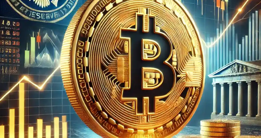 A golden Bitcoin coin with financial graphs in the background showing a sharp market downturn, symbolizing cryptocurrency volatility and economic influences.