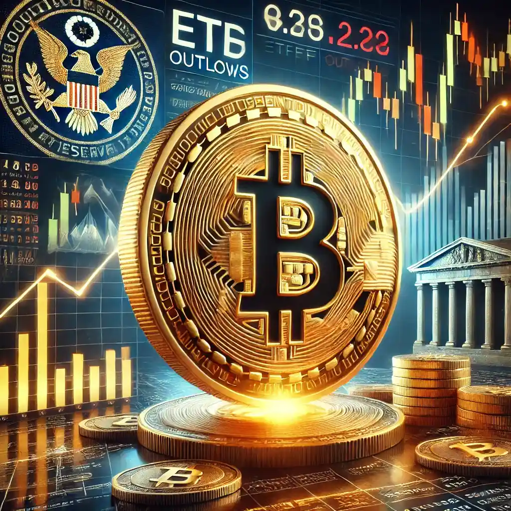 A golden Bitcoin coin with financial graphs in the background showing a sharp market downturn, symbolizing cryptocurrency volatility and economic influences.