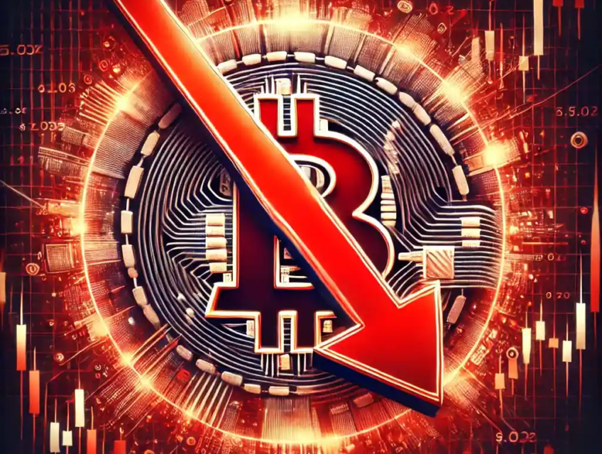 Digital artwork illustrating Bitcoin’s $5,000 price drop, featuring a red downward arrow cutting through a glowing Bitcoin logo against a backdrop of chaotic financial graphs and bearish market indicators.