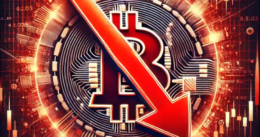 Digital artwork illustrating Bitcoin’s $5,000 price drop, featuring a red downward arrow cutting through a glowing Bitcoin logo against a backdrop of chaotic financial graphs and bearish market indicators.