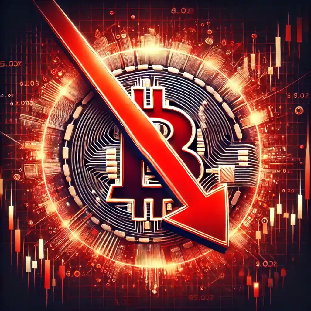 Digital artwork illustrating Bitcoin’s $5,000 price drop, featuring a red downward arrow cutting through a glowing Bitcoin logo against a backdrop of chaotic financial graphs and bearish market indicators.
