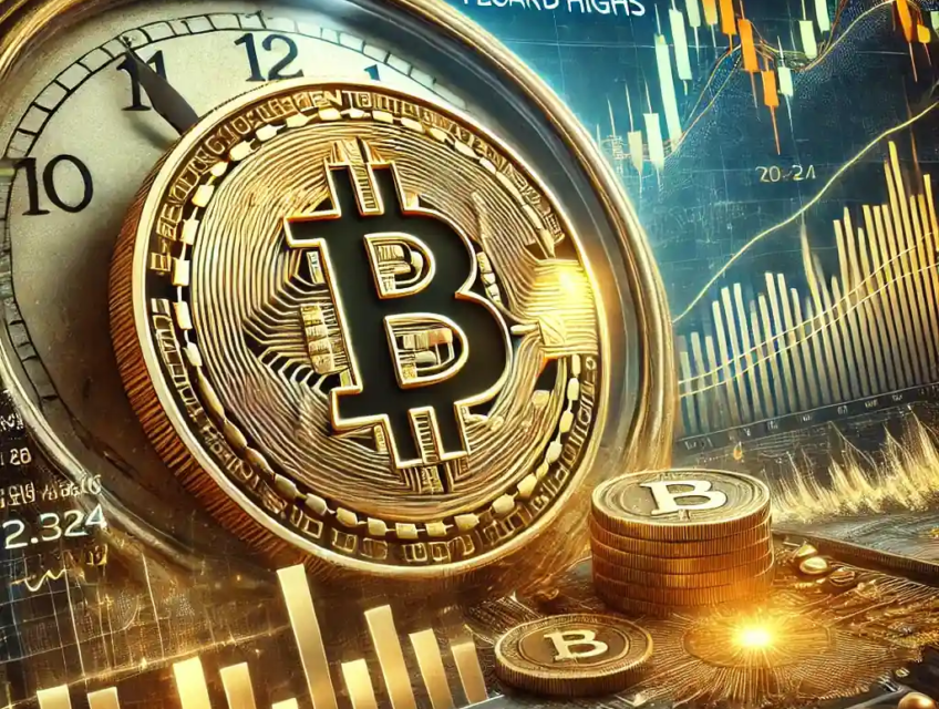 A golden Bitcoin coin with financial graphs showing a decline from record highs, set against a backdrop of digital trading data and year-end adjustments.