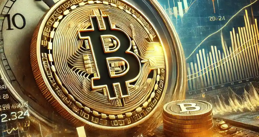 A golden Bitcoin coin with financial graphs showing a decline from record highs, set against a backdrop of digital trading data and year-end adjustments.